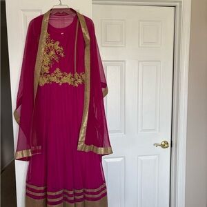 Magenta & Gold Embroidered Dress with Dupatta